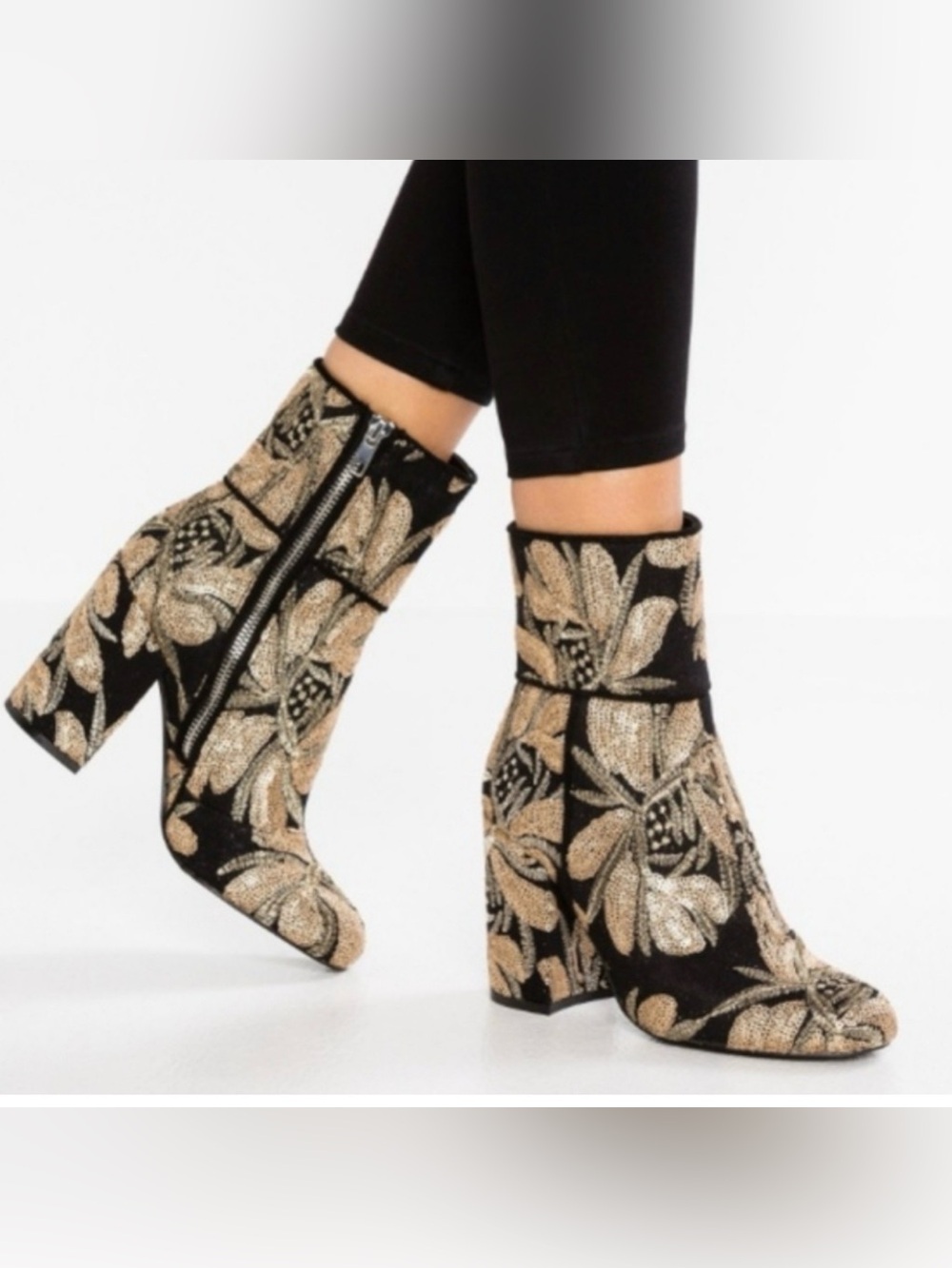 Steve Madden Black and Gold Floral Block Heel Ankle Boots